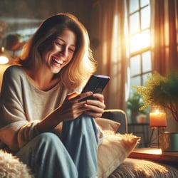 DALL·E 2024-02-19 10.27.21 - A joyful scene where a person is having a great time using ChatGPT on their smartphone. Theyre sitting in a cozy, well-lit room, perhaps on a comfort
